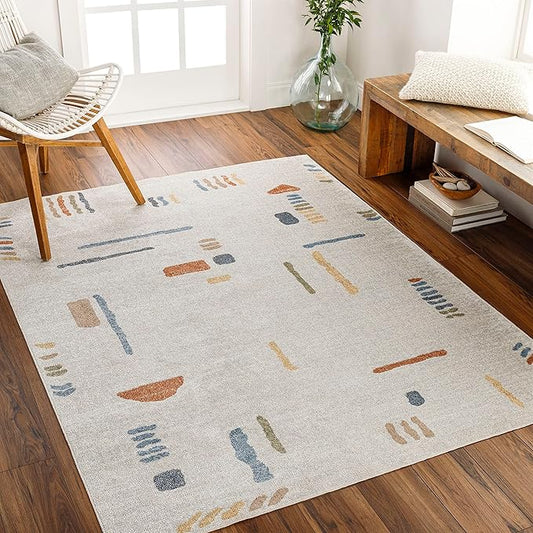 Mark&Day Washable Rugs, 8x10 Elbing Modern Beige Area Rug, Beige Orange Blue Carpet for Living Room, Bedroom or Kitchen (7'10" x 10'2", Machine Washable)