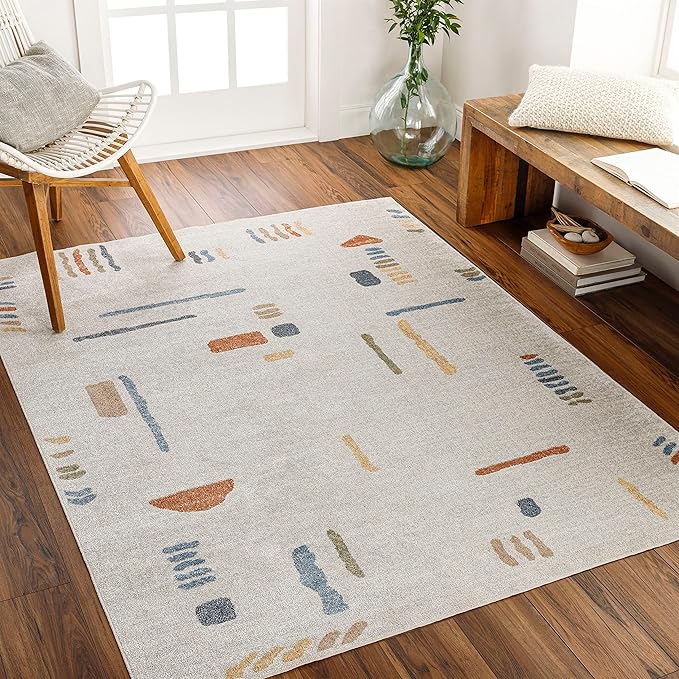 Mark&Day Washable Rugs, 9x12 Elbing Modern Beige Area Rug, Beige Orange Blue Carpet for Living Room, Bedroom or Kitchen (9'2" x 12', Machine Washable)