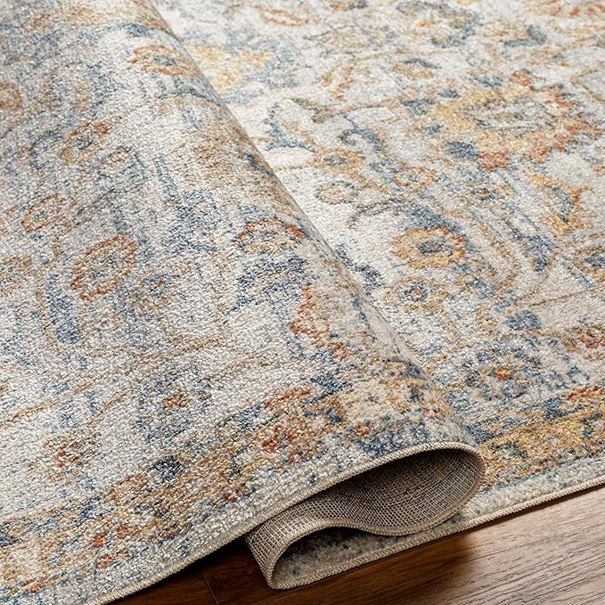 Mark&Day Washable Rugs, 7ft Round Eskridge Traditional Burnt Orange Area Rug, Gray Oatmeal Dark Blue Carpet for Living Room, Bedroom or Kitchen (6'7" Round,Machine Washable)