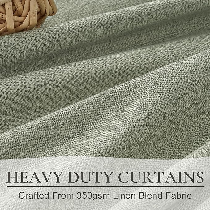 Sage Green Blackout Linen Curtains 102 Inches Long for Living Room Bedroom, Pleated Window Track Curtain with Pin Hooks Belt Boho Light Green Drapes Thermal Insulated (50"Wx102"Lx2Panels) Back Tab