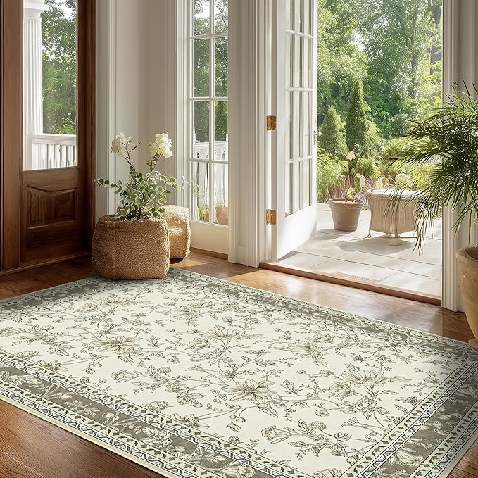 3x5 Beige Khaki Floral Area Rug for Entryway Soft Washable Modern Boho Farmhouse Rug Non-Slip Taupe Oatmeal Earth Tone Sketch Style Flower Vintage Aesthetic Carpet for Bedroom, Dining Room Door Mat