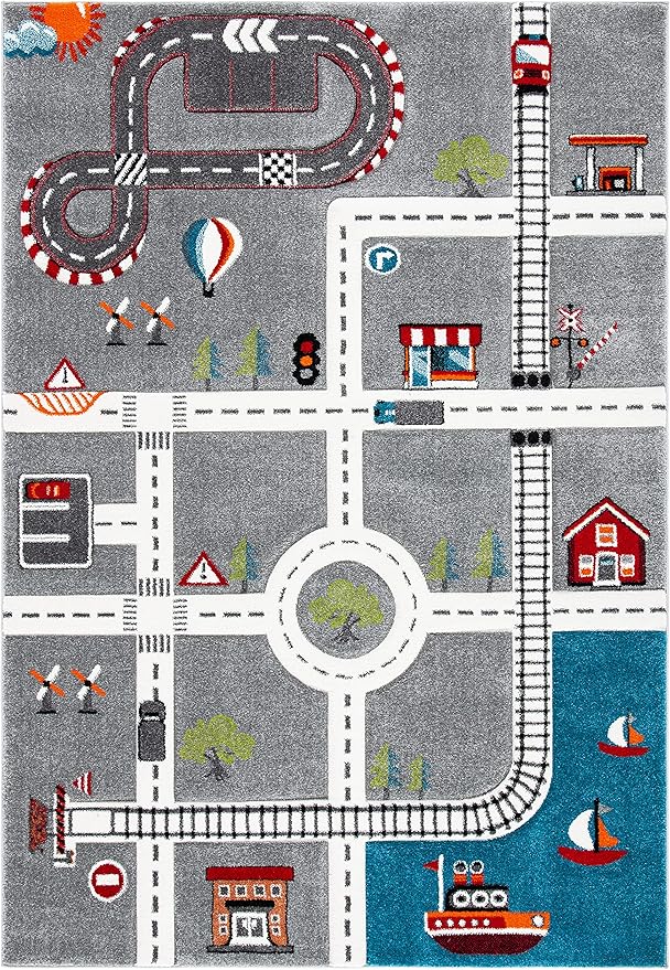 SAFAVIEH Carousel Kids Collection Area Rug - 9' x 12', Grey & Ivory, Non-Shedding & Easy Care, Ideal for High Traffic Areas for Boys & Girls in Playroom, Nursery, Bedroom (CRK192F)