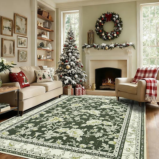 Olive Green Floral Print Area Rugs for Bedroom Living Room Boho Farmhouse Country Rustic Dining Room Carpet Soft Washable Rugs Non Slip Floor Covering for Nursery Playroom 5x8