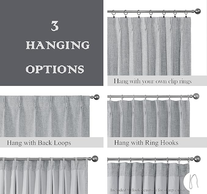 Central Park Pinch Pleated Full Blackout Curtain Panels Linen Texture Thermal Insulated Window Treatment Sets with Back Tab for Farmhouse Living Room Bedroom Drape with Hooks, 40"x90"x2, Dark Grey