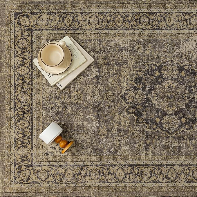 2x3 Brown Washable Vintage Area Rug for Living Room Bedroom Soft Tranditional Non Slip Thin Throw Rug Lightweight Floral Low Pile Distressed Doormat Entrance Dining Laundry Room Kitchen
