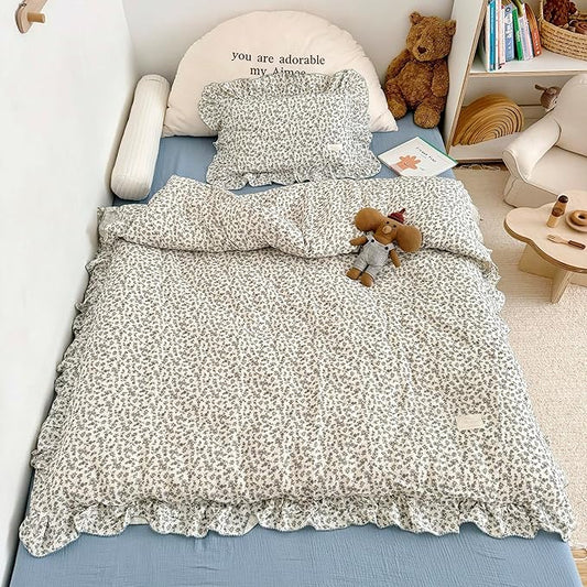 AOJIM Muslin Cotton Kids Duvet Cover 1Piece with Blue Floral, Soft Breathable Toddler Comforter Cover Twin Size 68X86'', Vintage Bed Decor Durable Ruffled Duvet Cover for Girls Boys, No Pillowcase