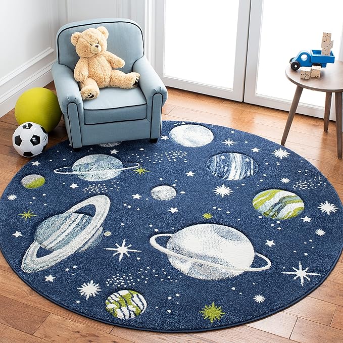 SAFAVIEH Carousel Kids Collection Area Rug - 8' Round, Navy & Ivory, Non-Shedding & Easy Care, Ideal for High Traffic Areas for Boys & Girls in Playroom, Nursery, Bedroom (CRK103N)