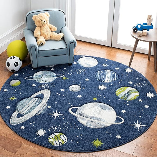 SAFAVIEH Carousel Kids Collection Area Rug - 8' Round, Navy & Ivory, Non-Shedding & Easy Care, Ideal for High Traffic Areas for Boys & Girls in Playroom, Nursery, Bedroom (CRK103N)