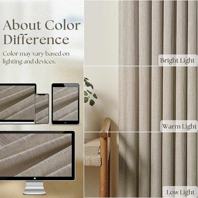 Burlywood Birch 90 Inches Long 70 Inch Wide Curtains for Living Room Light Filtering Semi Sheer Modern Farmhouse Pleated Curtain Back Tab for Patio Sliding Door Dining Room Large Window 1 Panel 70x90