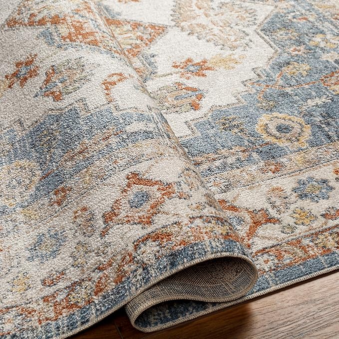 Mark&Day Washable Rugs, 7ft Round Edgerton Traditional Burnt Orange Area Rug, Orange Blue Beige Carpet for Living Room, Bedroom or Kitchen (6'7" Round, Machine Washable)