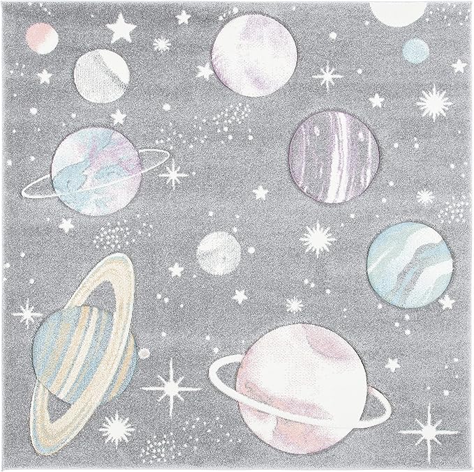 SAFAVIEH Carousel Kids Collection Area Rug - 6'7" Square, Grey & Lavender, Non-Shedding & Easy Care, Ideal for High Traffic Areas for Boys & Girls in Playroom, Nursery, Bedroom (CRK103F)
