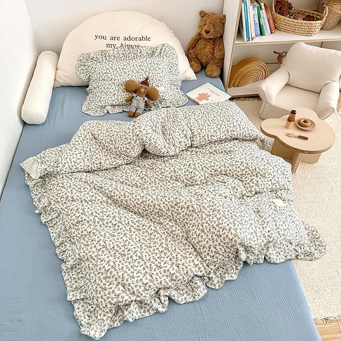 AOJIM Muslin Cotton Kids Duvet Cover 1Piece with Blue Floral, Soft Breathable Toddler Comforter Cover Twin Size 68X86'', Vintage Bed Decor Durable Ruffled Duvet Cover for Girls Boys, No Pillowcase