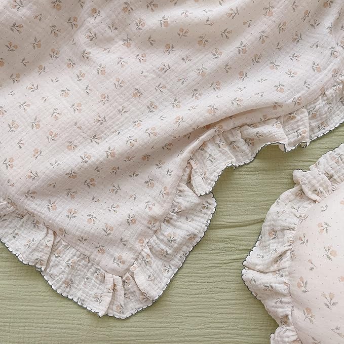 AOJIM Baby Muslin Duvet Cover with Floral Patterns, 1pc Pure Cotton Kids Bedding Comforter Cover 2-Layer Gauze 47X59'', Ruffled Design Baby Duvet Protector for Girls Boys, No Quilt or Pillowcases