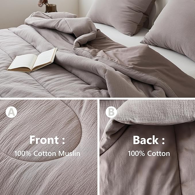 Simple&Opulence 100% Cotton Muslin Comforter Set King Size, 3PCS Washed Cotton Gauze Comforter, Soft Lightweight All Seasons Bedding Sets with 2 Pillow Shams(Grey-Brown,King)