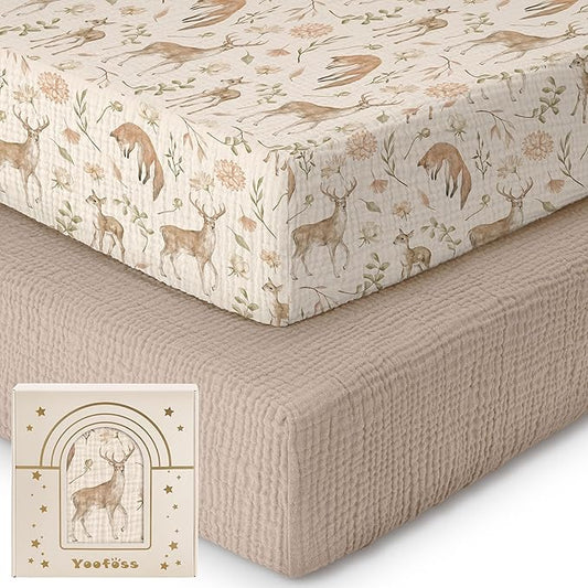 Yoofoss Muslin Pack and Play Sheets Fitted, Organic Mini Crib Sheets for Boys Girls, Playard Sheet Compatible with Pack N Play Mattress, Soft, Breathable and Durable 38"x26"