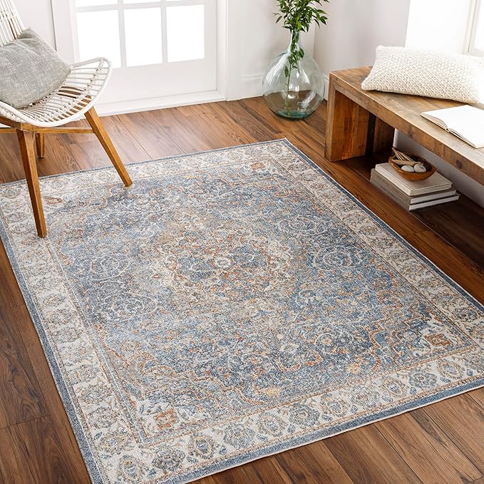 Mark&Day Washable Rugs, 2x4 Elsmore Traditional Dark Blue Area Rug, Blue Ivory Orange Carpet for Living Room, Bedroom or Kitchen (2'3" x 3'9", Machine Washable)