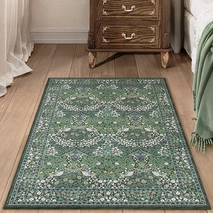 2x3 Washable Dark Green Floral Area Rug for Living Room, Non-Slip Soft Floral Print Vintage Boho Carpet, Forest Green Low Pile Rugs for Bedroom, Dining Room, Indoor Decor