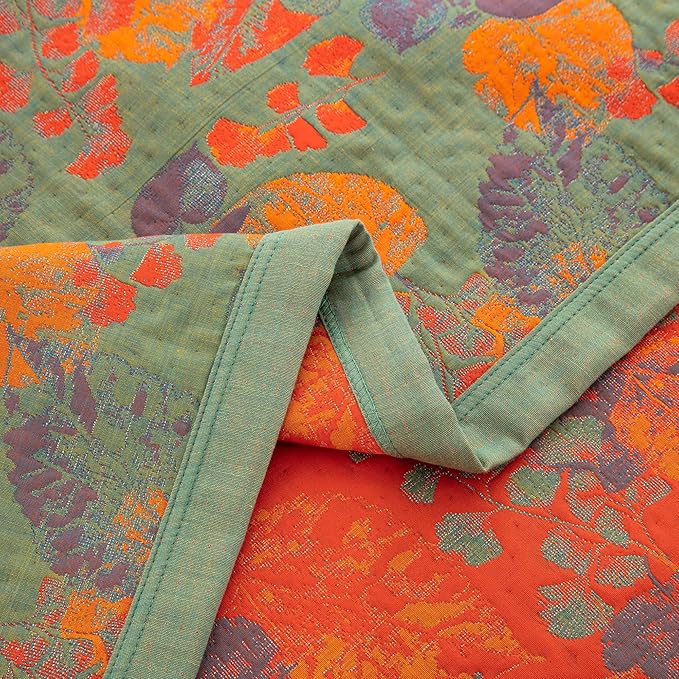100% Cotton Muslin Blanket Jacquard Ginkgo Leaf Floral Quilt, Soft Bed Cover 3 Layers Lightweight Breathable Gauzy Reversible Bedspread Coverlet Bedding Twin(59"x94"), No Pillow Sham