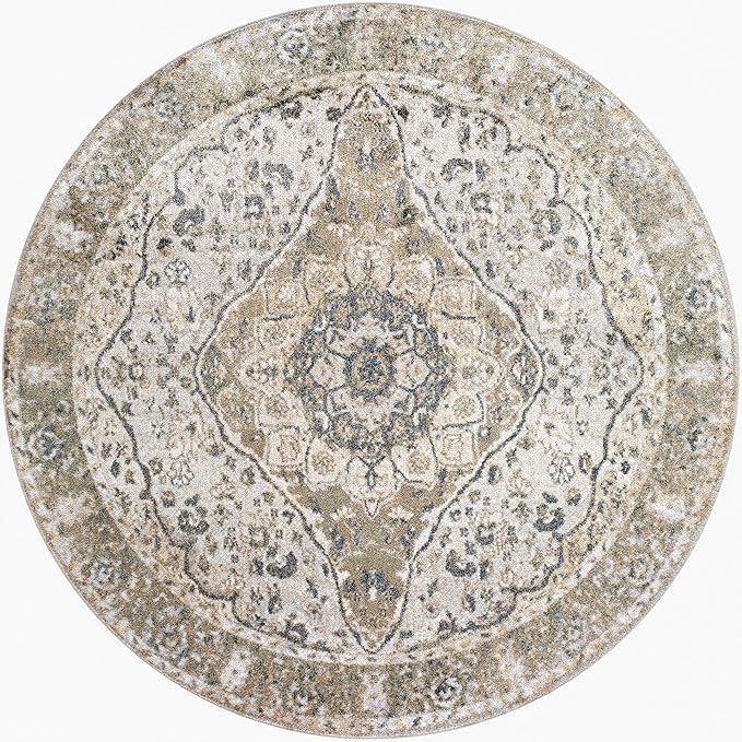 Mark&Day Washable Rugs, 7ft Round Eminence Traditional Camel Area Rug, Brown Beige Yellow Carpet for Living Room, Bedroom or Kitchen (6'7" Round, Machine Washable)
