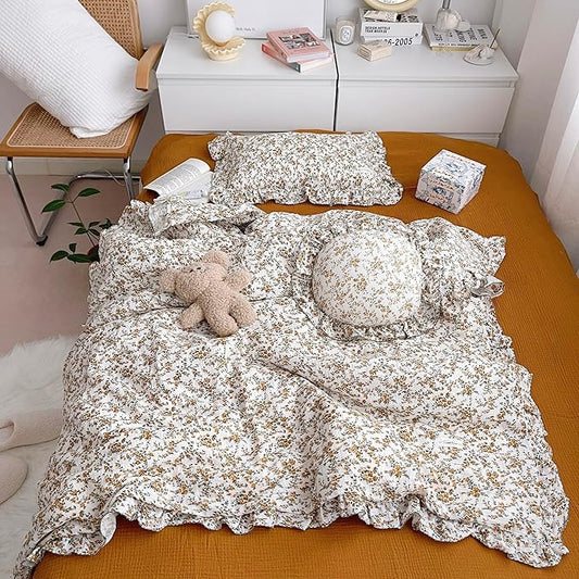 AOJIM Baby Muslin Duvet Cover with Floral Patterns, 1pc Pure Cotton Kids Bedding Comforter Cover 2-Layer Gauze 47X59'', Ruffled Design Baby Duvet Protector for Girls Boys, No Quilt or Pillowcases