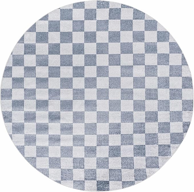 BoutiqueRugs Alia Gray Checkered Area Rug - Machine Washable - Ivory, Blue, Gray - 6'7" Round