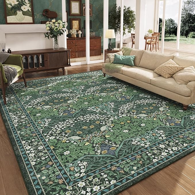 8x10 Washable Dark Green Floral Area Rug for Living Room, Non-Slip Soft Floral Print Vintage Boho Carpet, Forest Green Low Pile Rugs for Bedroom, Dining Room, Indoor Decor