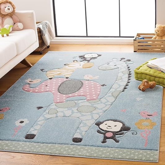 SAFAVIEH Carousel Kids Collection Area Rug - 9' x 12', Blue, Animal Design, Non-Shedding & Easy Care, Ideal for High Traffic Areas for Boys & Girls in Playroom, Nursery, Bedroom (CRK120K)