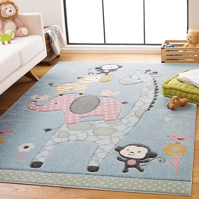 SAFAVIEH Carousel Kids Collection Area Rug - 6'7" x 9', Blue, Animal Design, Ideal for High Traffic Area for Boys & Girls in Playroom, Nursery, Bedroom (CRK120K-6)