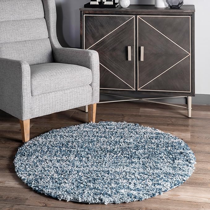 nuLOOM Brooke Shag Tasseled Area Rug - 4 Round Accent Shag Rug Casual Blue/Ivory Rugs for Living Room Bedroom Dining Room Nursery Entryway