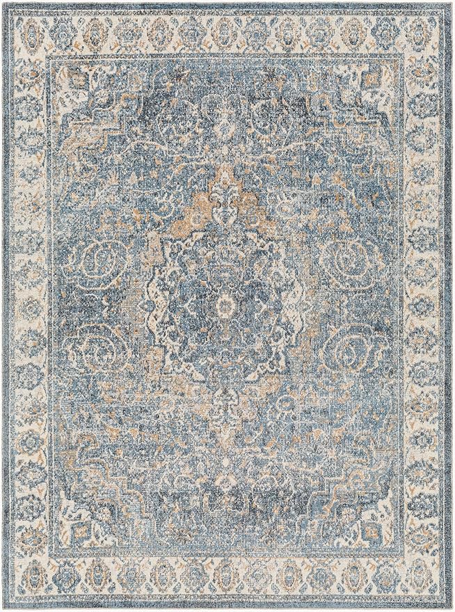 Mark&Day Washable Rugs, 2x3 Elsmore Traditional Navy Blue Area Rug, Blue Ivory Orange Carpet for Living Room, Bedroom or Kitchen (2' x 3', Machine Washable)