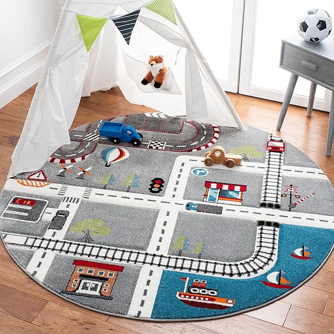 SAFAVIEH Carousel Kids Collection 4' Round Grey/Ivory CRK192F Neighborhood Road Non-Shedding Playroom Nursery Bedroom Area Rug