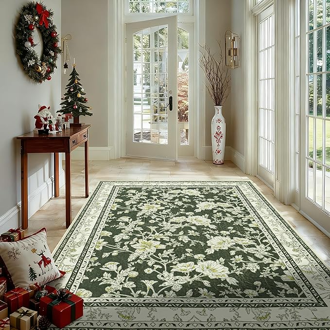 Olive Green Floral Print Area Rugs for Bedroom Living Room Boho Farmhouse Country Rustic Dining Room Carpet Soft Washable Rugs Non Slip Floor Covering for Nursery Playroom 3x5