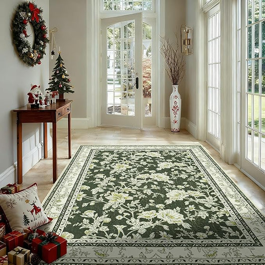 Olive Green Floral Print Area Rugs for Bedroom Living Room Boho Farmhouse Country Rustic Dining Room Carpet Soft Washable Rugs Non Slip Floor Covering for Nursery Playroom 3x5