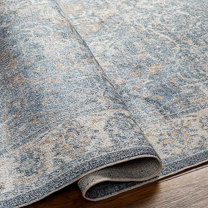 Mark&Day Washable Rugs, 7ft Round Elsmore Traditional Navy Blue Area Rug, Oatmeal Dark Blue Gray Carpet for Living Room, Bedroom or Kitchen (6'7" Round,Machine Washable)