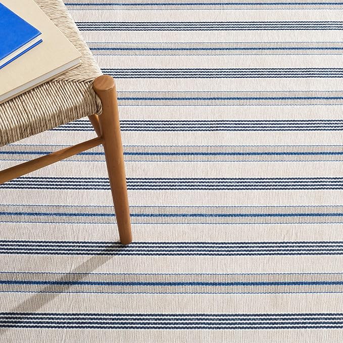 Dash & Albert Nimes Ticking Neutral Machine Washable Rug, 7.5 X 9.5 Feet, Blue Stripe Pattern