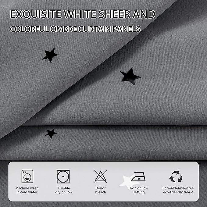 XiDi Girls Curtains for Bedroom with Star, Ideal for Kids Room with Unicorn Theme, Blackout Curtains for Living Room Princess Room Deco 96 inchs Long 52 inches Wide 2 Panel Grey
