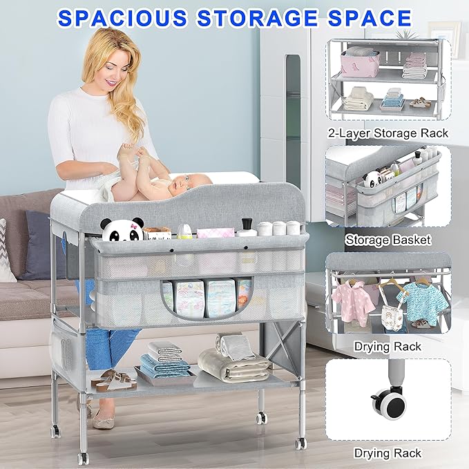 Portable Baby Changing Table, Foldable Changing Table Dresser Baby Changing Station, Height Adjustable Waterproof Diaper Changing Table Pad Topper, Newborn Nursery Organizer