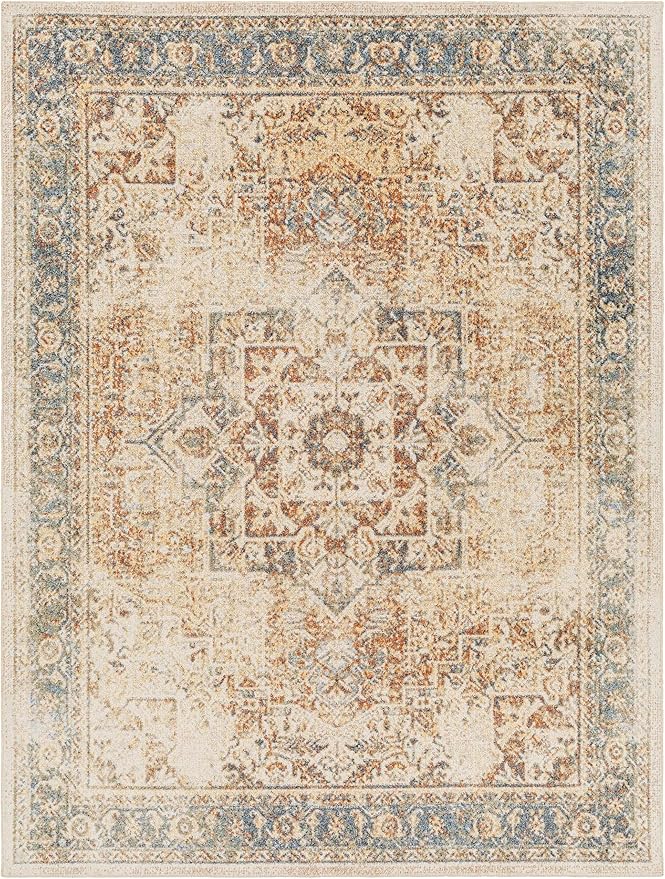 Mark&Day Washable Rugs, 7ft Round Elkton Traditional Burnt Orange Area Rug, Oatmeal Gray Brown Carpet for Living Room, Bedroom or Kitchen (6'7" Round,Machine Washable)