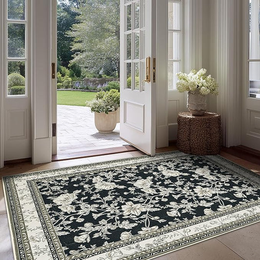 Black Floral Area Rug for Entryway 2x3 Washable Small Rug Low Pile Non Slip Distressed Entry Mat Soft Farmhouse Indoor Entrance Door Mat for Kitchen Bedroom Black with Beige Cream Taupe Floral Design