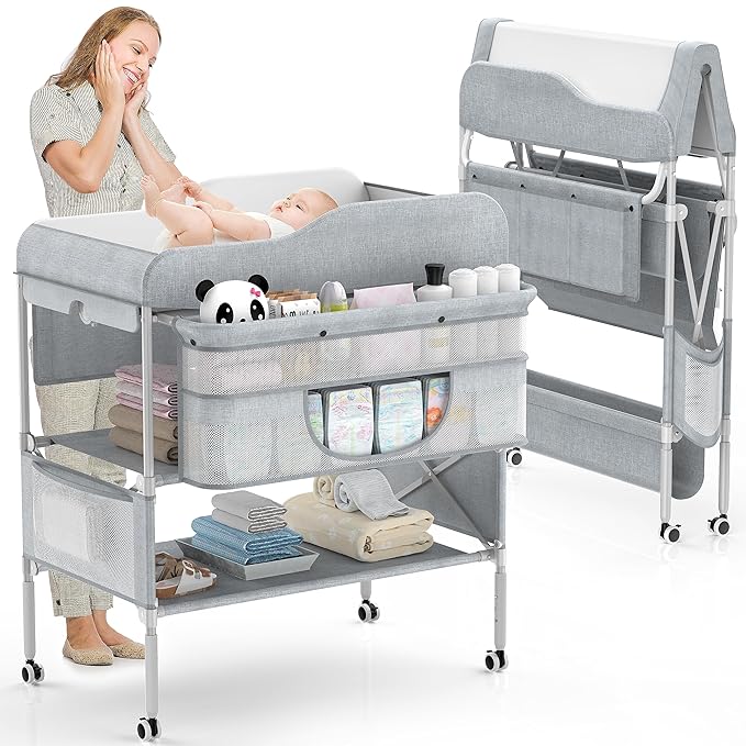 Portable Baby Changing Table, Foldable Changing Table Dresser Baby Changing Station, Height Adjustable Waterproof Diaper Changing Table Pad Topper, Newborn Nursery Organizer