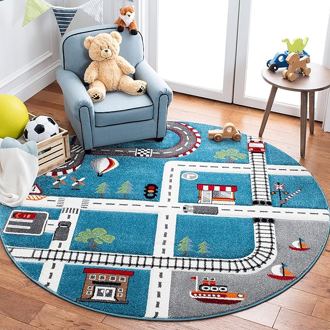 SAFAVIEH Carousel Kids 100 Collection Round Rug - 8', Turquoise & Ivory, Transitional Design, Stain Resistant, Ideal for High Traffic Areas in Living Room, Bedroom & Dining Room (CRK192K-8R)