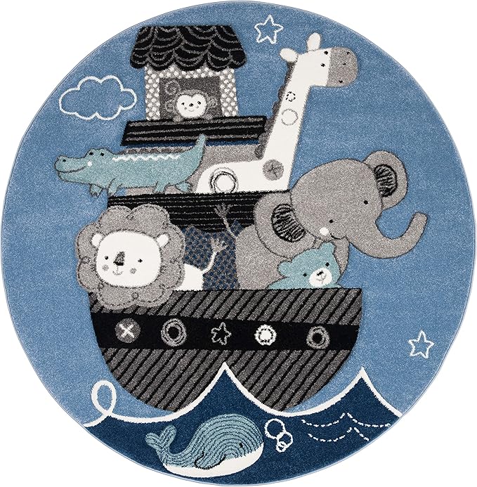 SAFAVIEH Carousel Kids Collection 8' Round Blue/Grey CRK121B Animal Non-Shedding Playroom Nursery Bedroom Area Rug