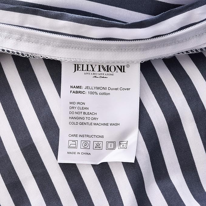 JELLYMONI 100% Natural Cotton 2pcs Striped Duvet Cover Sets,White Duvet Cover with Navy Blue Stripes Pattern Printed Comforter Cover,with Zipper Closure & Corner Ties(Twin Size)
