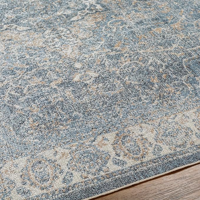 Mark&Day Washable Rugs, 7x9 Elsmore Traditional Navy Blue Area Rug, Blue Ivory Orange Carpet for Living Room, Bedroom or Kitchen (6'7" x 9', Machine Washable)