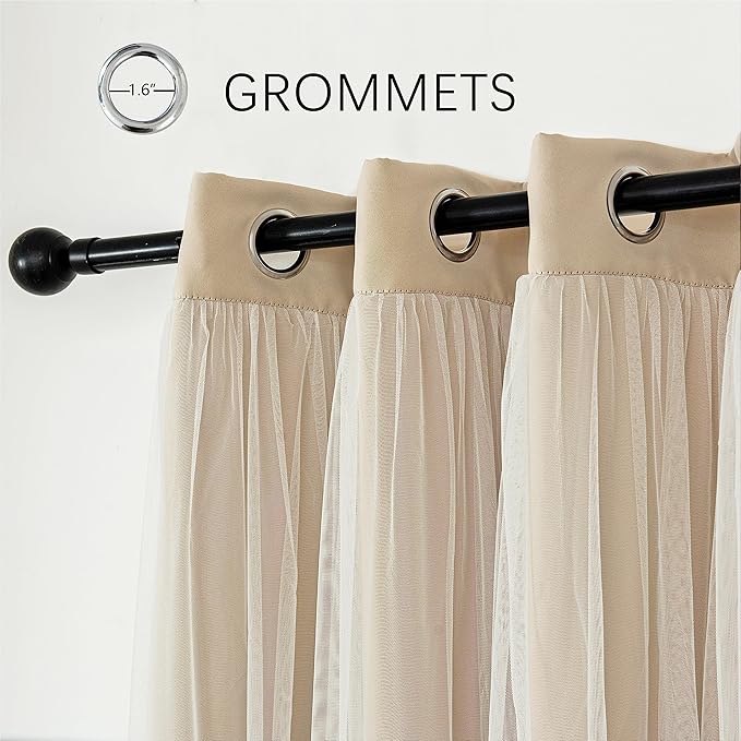 INLINAS Beige Blackout Curtains with Sheer Overlay - Grommet Top Thermal and Noise Reduction Panels for Bedroom and Living Room Light Blocking and Energy Saving, 52 x 72 Inches, Set of 2