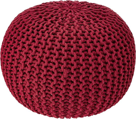 REDEARTH · Round Pouf Ottoman - Hand Knitted Cable Boho Poof - Foot Stool Bean Bag - Home Décor Stuffed Footrest for Living Room - Nursery - Bedroom - 100% Cotton Poufs (19.5"x19.5"x14") - Red