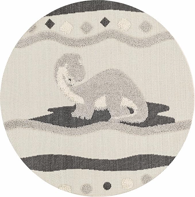 Hauteloom Kids Room, Nursery Round Area Rug - Outdoor Patio Safe - Animal Dinosaur Playroom Carpet - Beige, Gray, Black, Cream - 7'10"