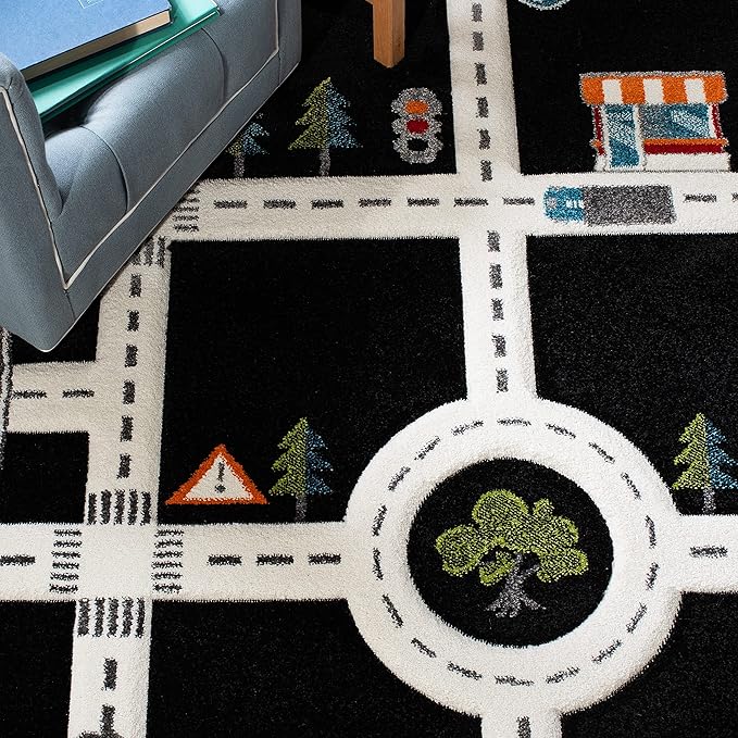 SAFAVIEH Carousel Kids Collection Area Rug - 5'3" x 7'6", Black & Ivory, Non-Shedding & Easy Care, Ideal for High Traffic Areas for Boys & Girls in Playroom, Nursery, Bedroom (CRK192Z)