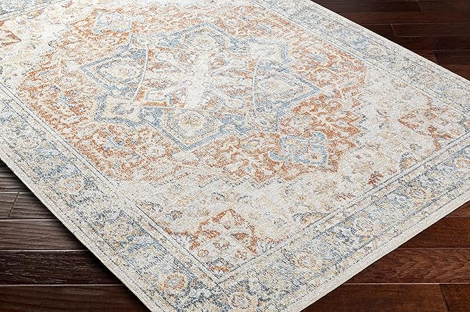 Mark&Day Washable Rugs, 7ft Round Hollenberg Traditional Burnt Orange Area Rug, Orange Blue Beige Carpet for Living Room, Bedroom or Kitchen (6'7" Round, Machine Washable)