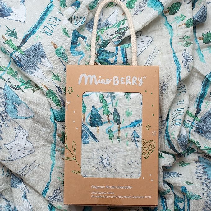 Miaoberry Mountain Baby Organic Muslin Swaddle Blankets for Baby Boy with Hat and Wooden Hello World Newborn Sign, Adventure Forest Theme, Newborn Photography Outfits Boy, Birth Announcement Sign
